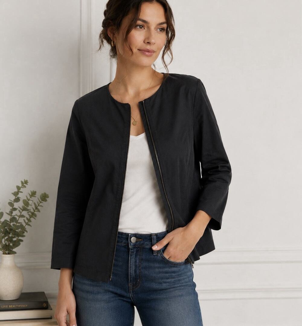 Eileen Fisher S Blk Zip Frnt Jkt Ital Fabric Ramie Silk Lnd PKts Minimalist READ